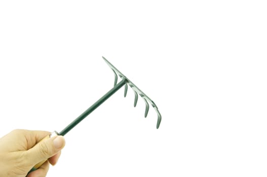 Man holding green harrow on bottom left isolated with white background.