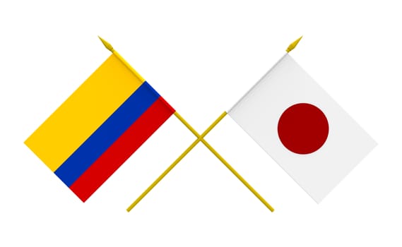 Flags of Japan and Colombia, 3d render, isolated