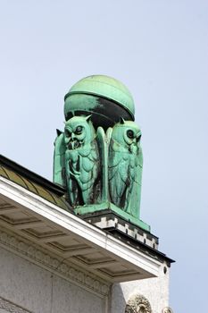 Owls, symbol of wisdom, on the roof of the Croatian national State Archives building in Zagreb