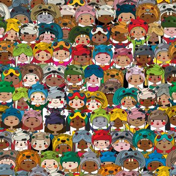 Seamless pattern with children wearing funny masks in colors