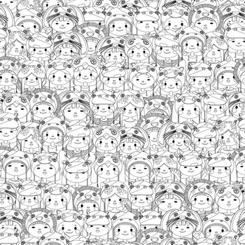 Crowd of happy children seamless pattern in black and white