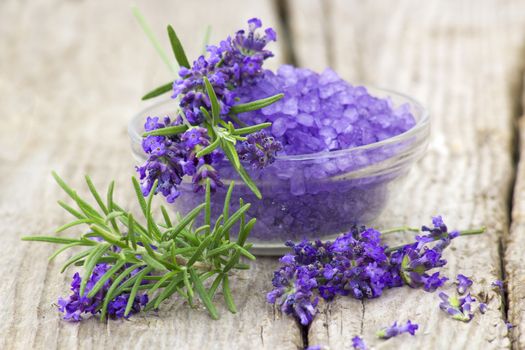 bath salt, lavender flowers and rosemary