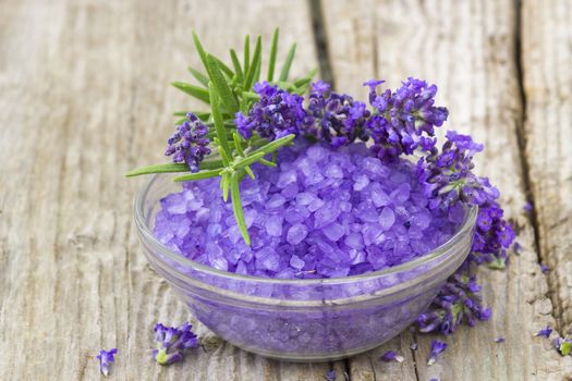 bath salt, lavender flowers and rosemary