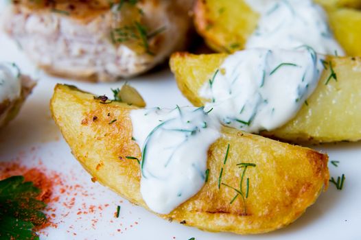grilled chicken breast with roasted potatoes on white plate