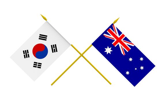 Flags of Australia and Republic of Korea, 3d render, isolated
