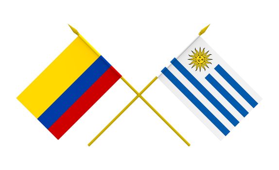 Flags of Colombia and Uruguay, 3d render, isolated