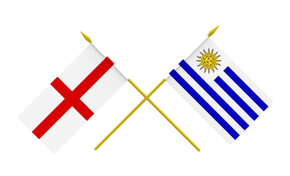 Flags of England and Uruguay, 3d render, isolated