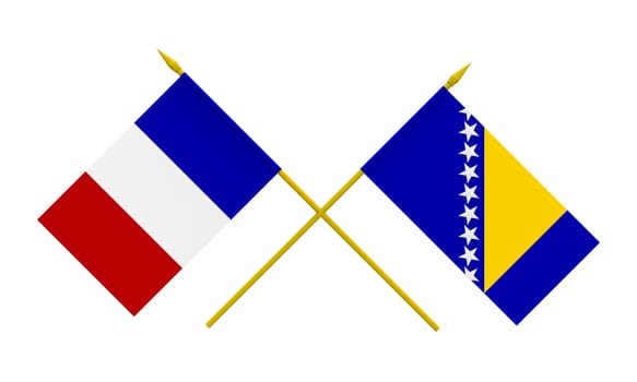 Flags of France and Bosnia and Herzegovina, 3d render, isolated