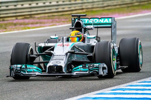 JEREZ DE LA FRONTERA, SPAIN - JAN 31:  Lewis Hamilton of Mercedes F1 races on training session on January 31 , 2014, in Jerez de la Frontera , Spain