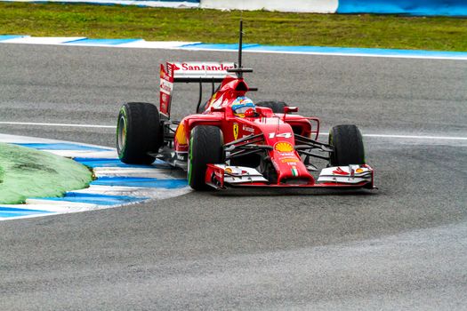 JEREZ DE LA FRONTERA, SPAIN - JAN 31: Fernando Alonso of Scuderia Ferrari F1 races on training session on January 31 , 2014, in Jerez de la Frontera , Spain