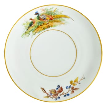 An old over hundred fifty years old porcelain saucer decorated with hand painting. Gold plated rings.