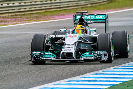 JEREZ DE LA FRONTERA, SPAIN - JAN 31:  Lewis Hamilton of Mercedes F1 races on training session on January 31 , 2014, in Jerez de la Frontera , Spain