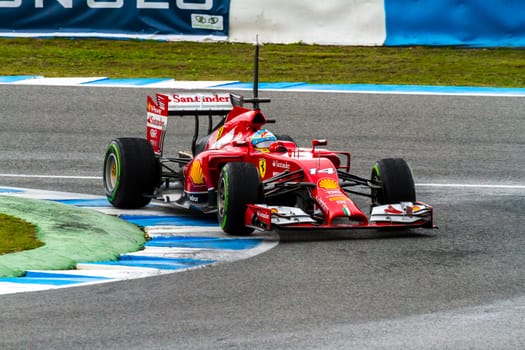 JEREZ DE LA FRONTERA, SPAIN - JAN 31: Fernando Alonso of Scuderia Ferrari F1 races on training session on January 31 , 2014, in Jerez de la Frontera , Spain