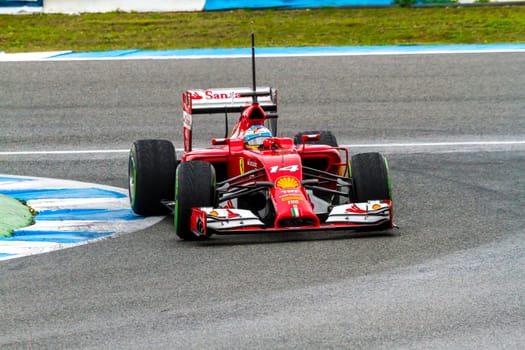 JEREZ DE LA FRONTERA, SPAIN - JAN 31: Fernando Alonso of Scuderia Ferrari F1 races on training session on January 31 , 2014, in Jerez de la Frontera , Spain