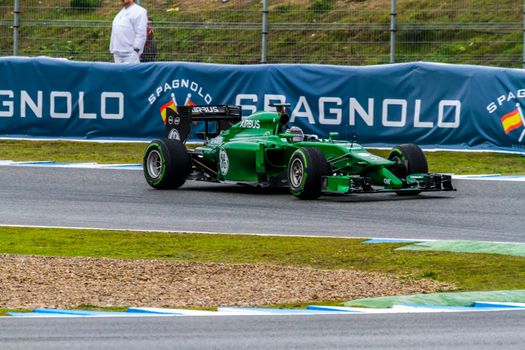 JEREZ DE LA FRONTERA, SPAIN - JAN 31: Kamui Kobayashi of Caterham F1 races on training session on January 31 , 2014, in Jerez de la Frontera , Spain