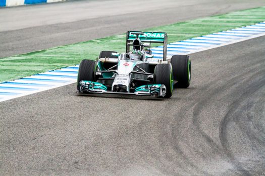 JEREZ DE LA FRONTERA, SPAIN - JAN 31: Nico Rosberg of Mercedes F1 races on training session on January 31 , 2014, in Jerez de la Frontera , Spain