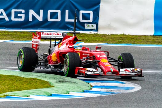 JEREZ DE LA FRONTERA, SPAIN - JAN 31: Fernando Alonso of Scuderia Ferrari F1 races on training session on January 31 , 2014, in Jerez de la Frontera , Spain