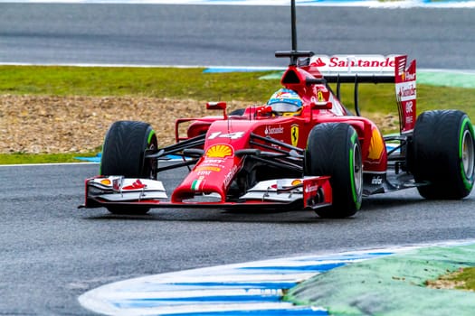 JEREZ DE LA FRONTERA, SPAIN - JAN 31: Fernando Alonso of Scuderia Ferrari F1 races on training session on January 31 , 2014, in Jerez de la Frontera , Spain