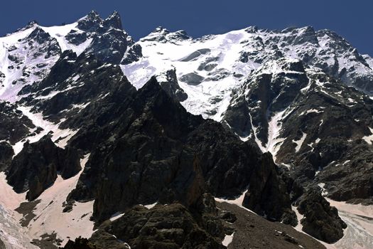Caucasus mountains under snow and clear blue sky