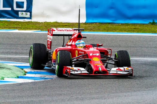 JEREZ DE LA FRONTERA, SPAIN - JAN 31: Fernando Alonso of Scuderia Ferrari F1 races on training session on January 31 , 2014, in Jerez de la Frontera , Spain