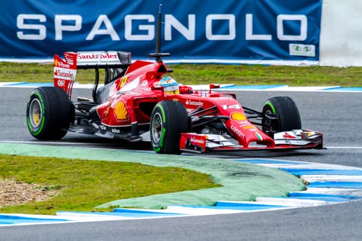 JEREZ DE LA FRONTERA, SPAIN - JAN 31: Fernando Alonso of Scuderia Ferrari F1 races on training session on January 31 , 2014, in Jerez de la Frontera , Spain