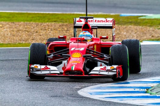 JEREZ DE LA FRONTERA, SPAIN - JAN 31: Fernando Alonso of Scuderia Ferrari F1 races on training session on January 31 , 2014, in Jerez de la Frontera , Spain