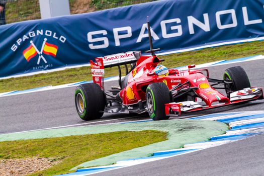 JEREZ DE LA FRONTERA, SPAIN - JAN 31: Fernando Alonso of Scuderia Ferrari F1 races on training session on January 31 , 2014, in Jerez de la Frontera , Spain