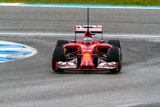 JEREZ DE LA FRONTERA, SPAIN - JAN 31: Fernando Alonso of Scuderia Ferrari F1 races on training session on January 31 , 2014, in Jerez de la Frontera , Spain