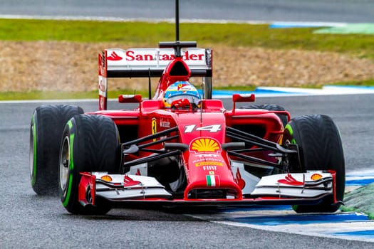 JEREZ DE LA FRONTERA, SPAIN - JAN 31: Fernando Alonso of Scuderia Ferrari F1 races on training session on January 31 , 2014, in Jerez de la Frontera , Spain