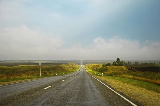 Wide highway and landscape. North Caucasus travel.