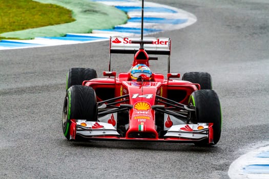 JEREZ DE LA FRONTERA, SPAIN - JAN 31: Fernando Alonso of Scuderia Ferrari F1 races on training session on January 31 , 2014, in Jerez de la Frontera , Spain