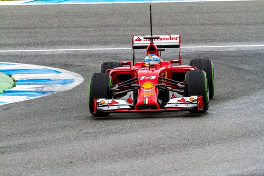 JEREZ DE LA FRONTERA, SPAIN - JAN 31: Fernando Alonso of Scuderia Ferrari F1 races on training session on January 31 , 2014, in Jerez de la Frontera , Spain