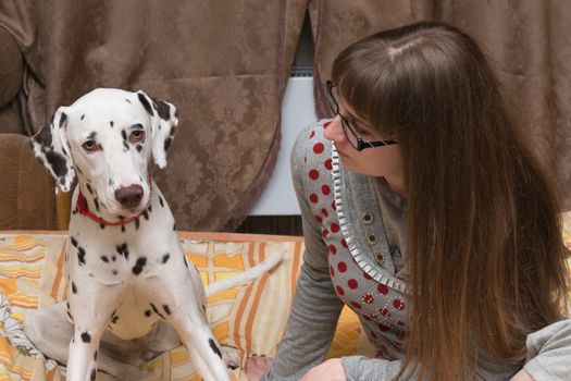 The girl talks to a dalmatian