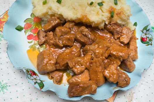 Stewed meat with mashed potatoes on a dish