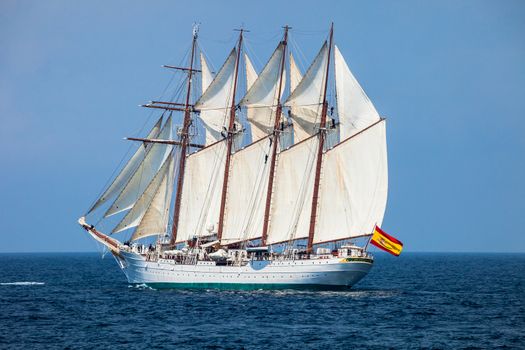 CADIZ, SPAIN - APR 01: Spanish Navy Training Ship, Juan Sebastian de Elcano setting sail on the 83rd cruise of instruction with 69 midshipmen on April 01 , 2012, in Cadiz , Spain