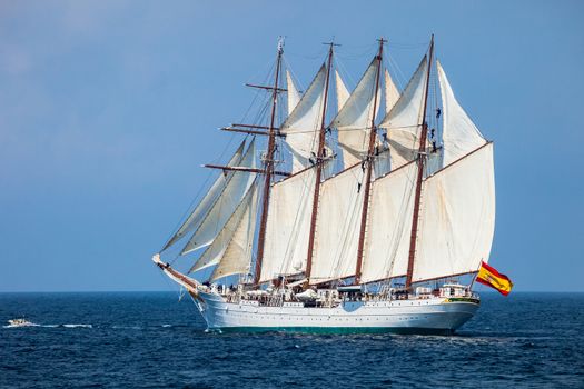 CADIZ, SPAIN - APR 01: Spanish Navy Training Ship, Juan Sebastian de Elcano setting sail on the 83rd cruise of instruction with 69 midshipmen on April 01 , 2012, in Cadiz , Spain