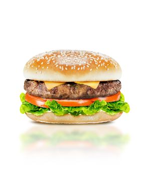 Delicious burger with beef, tomato, cheese and lettuce on white background with clipping path.