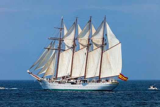 CADIZ, SPAIN - APR 01: Spanish Navy Training Ship, Juan Sebastian de Elcano setting sail on the 83rd cruise of instruction with 69 midshipmen on April 01 , 2012, in Cadiz , Spain