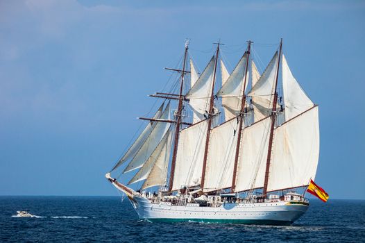CADIZ, SPAIN - APR 01: Spanish Navy Training Ship, Juan Sebastian de Elcano setting sail on the 83rd cruise of instruction with 69 midshipmen on April 01 , 2012, in Cadiz , Spain