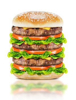 Delicious Big burger with beef, tomato, cheese and lettuce on white background with clipping path.