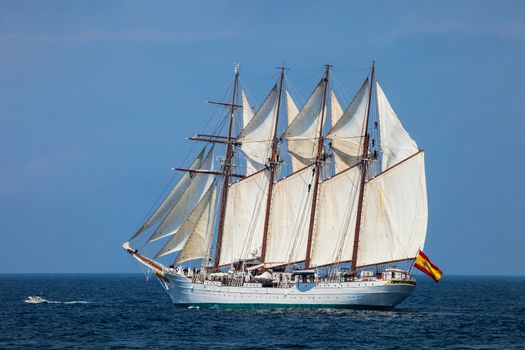 CADIZ, SPAIN - APR 01: Spanish Navy Training Ship, Juan Sebastian de Elcano setting sail on the 83rd cruise of instruction with 69 midshipmen on April 01 , 2012, in Cadiz , Spain