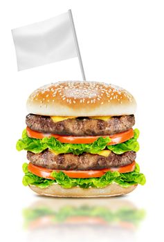 Delicious big burger with beef, tomato, cheese and lettuce with white flag on white background with clipping path.