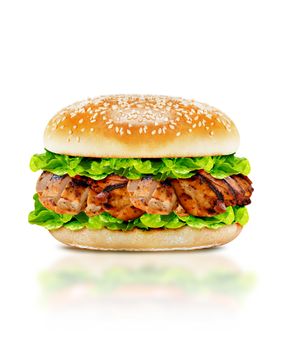 Delicious chicken burger with beef, tomato, cheese and lettuce on white background with clipping path.