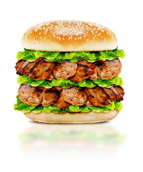 Delicious chicken burger with beef, tomato, cheese and lettuce on white background with clipping path.