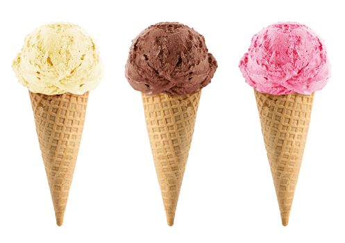 Chocolate, vanilla and strawberry Ice cream in the cone on white background with clipping path.