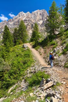 hiker on footpath  in Contrin Valley, Trentino, Italy