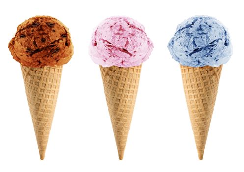 Blackberry, strawberry and chocolate Ice cream in the cone on white background with clipping path.