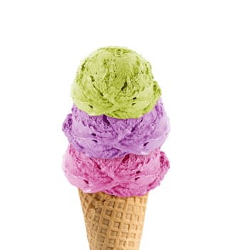 three Ice cream scoops in the cone on white background with clipping path.