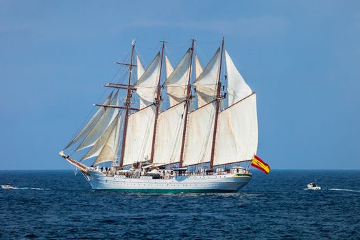 CADIZ, SPAIN - APR 01: Spanish Navy Training Ship, Juan Sebastian de Elcano setting sail on the 83rd cruise of instruction with 69 midshipmen on April 01 , 2012, in Cadiz , Spain
