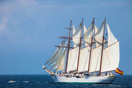 CADIZ, SPAIN - APR 01: Spanish Navy Training Ship, Juan Sebastian de Elcano setting sail on the 83rd cruise of instruction with 69 midshipmen on April 01 , 2012, in Cadiz , Spain